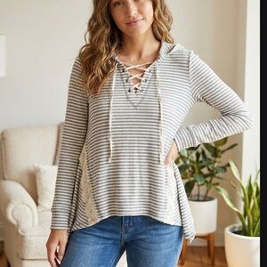 Jolt Gray Striped Lace-Up Hoodie